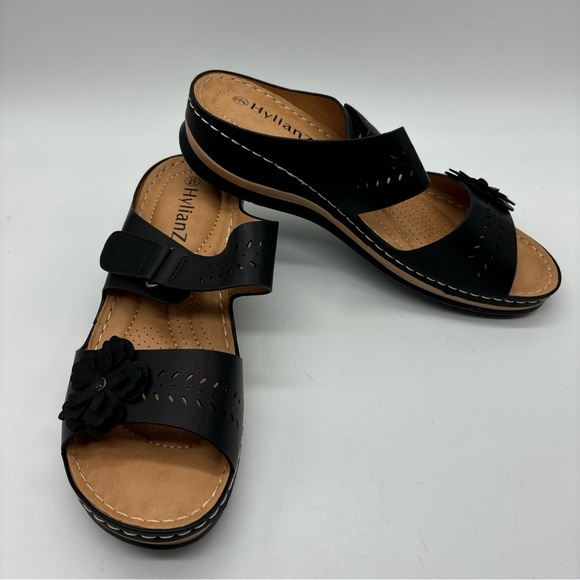 Hylianz Women’s Comfort Wedge Flower Slide Sandals, Black, 10 - Picture 1 of 6